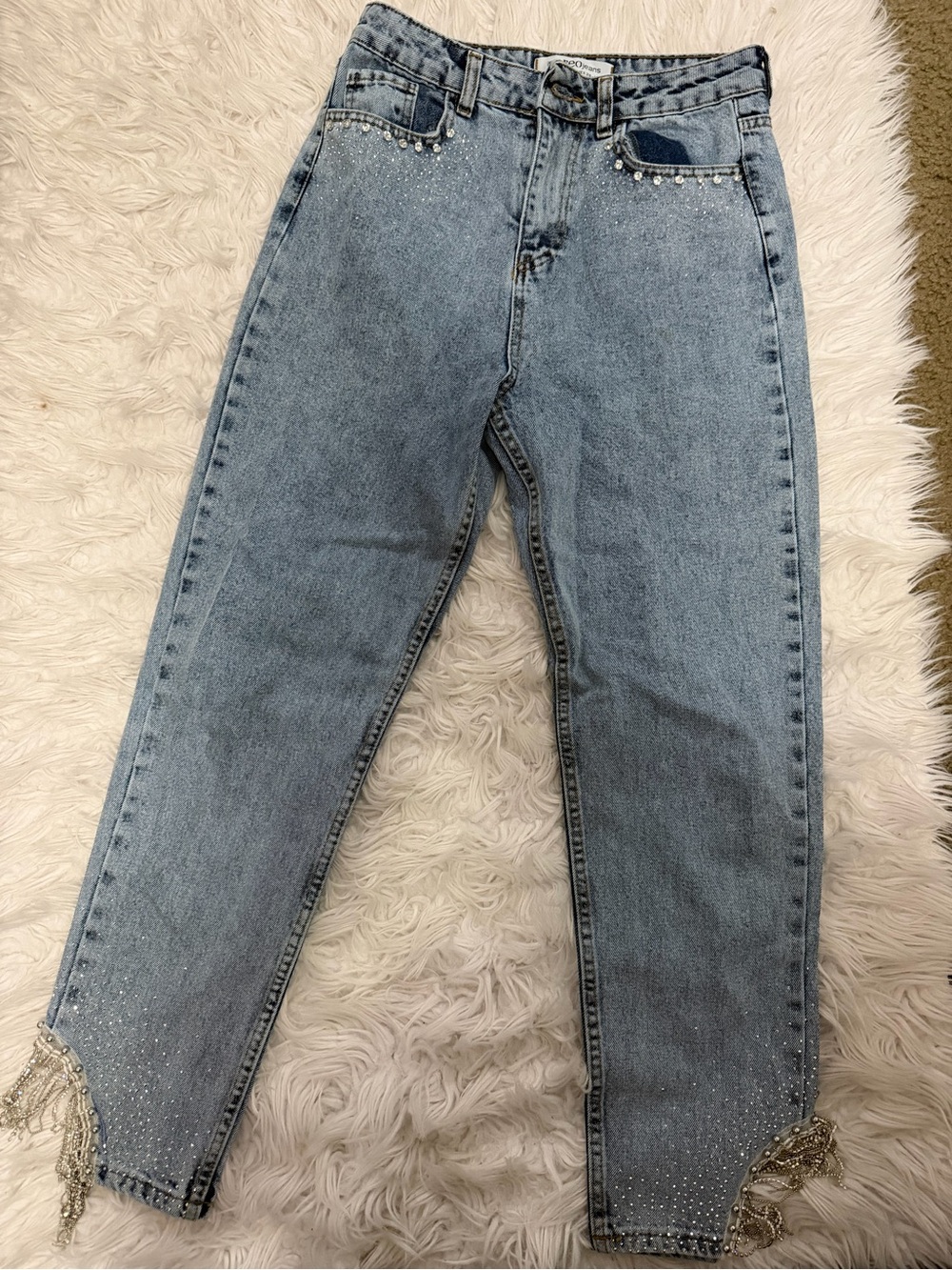 High-Rise Light Blue Women's Jeans with Rhinestone Trim